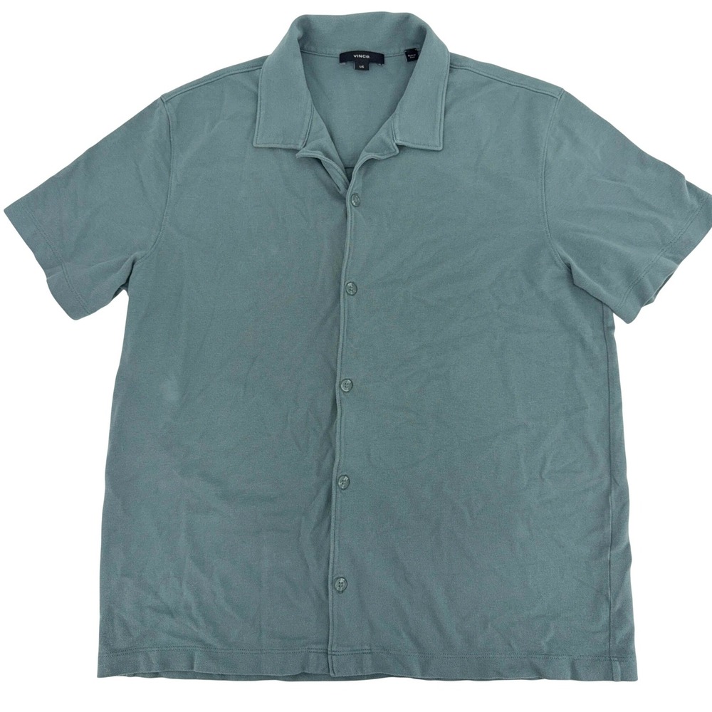 Vince Button Up Shirt Mens Large Green Short Sleeve Cotton Camp Collar Casual